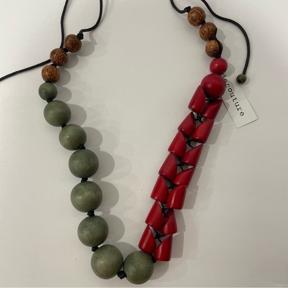 Handcrafted Decouture Necklace Red and Grey Wooden Beads Made in the Philippines - Picture 5 of 6
